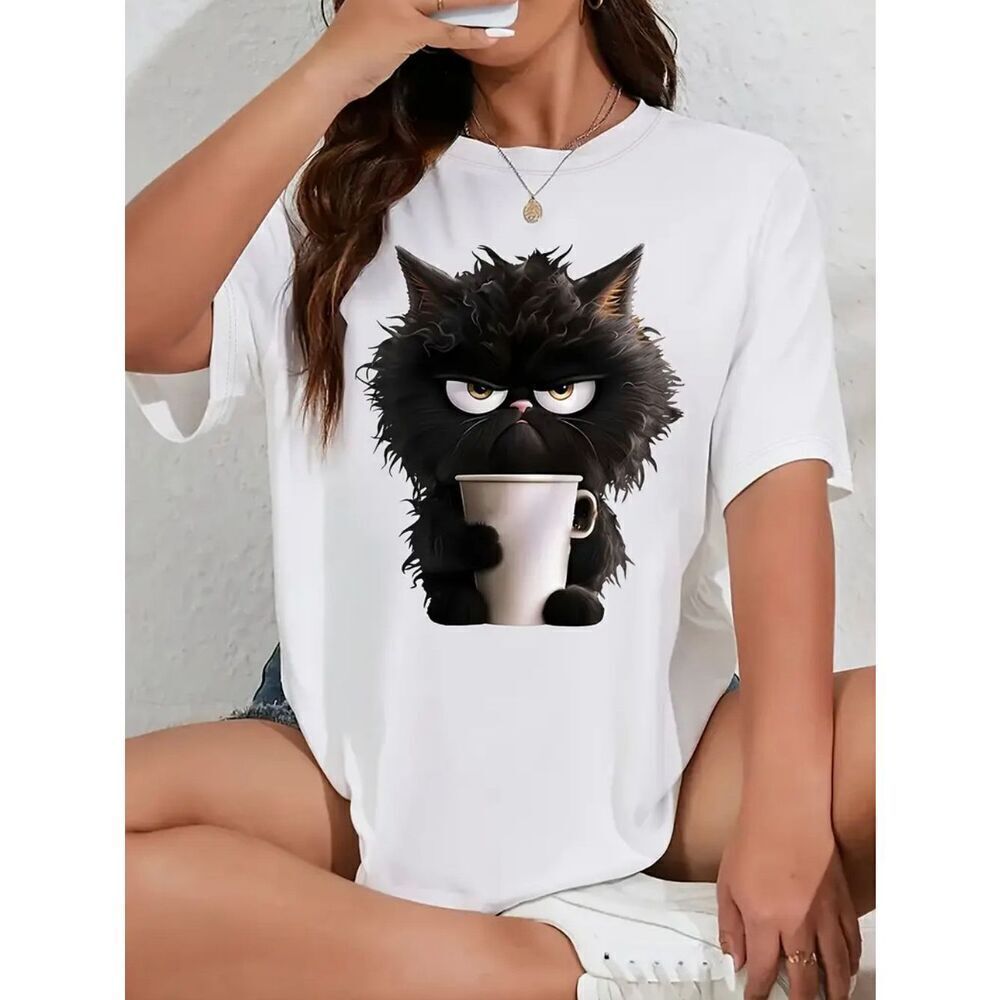 New M (L-XL)Oversized White Angry Black Cat Drinking Coffee Short Sleeve T Shirt